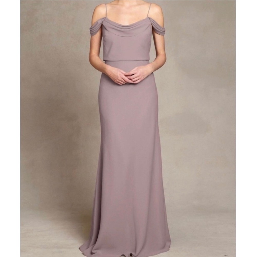 NEW Jenny Yoo Sabine Mauve Chiffon Cowl Neck Off Shoulder Maxi Gown Dress 14‎